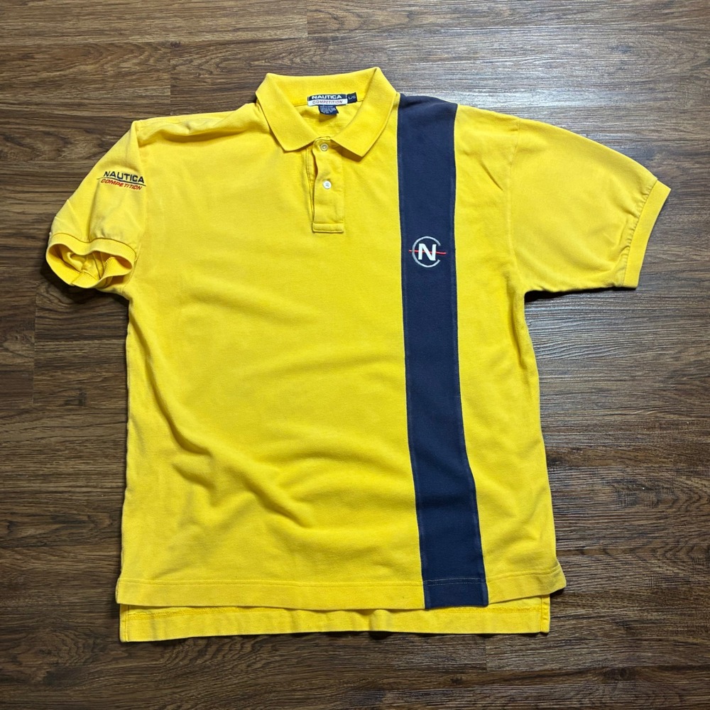 Vintage Nautica Competition Polo Shirt Mens Large Yellow Blue 90s Sport
